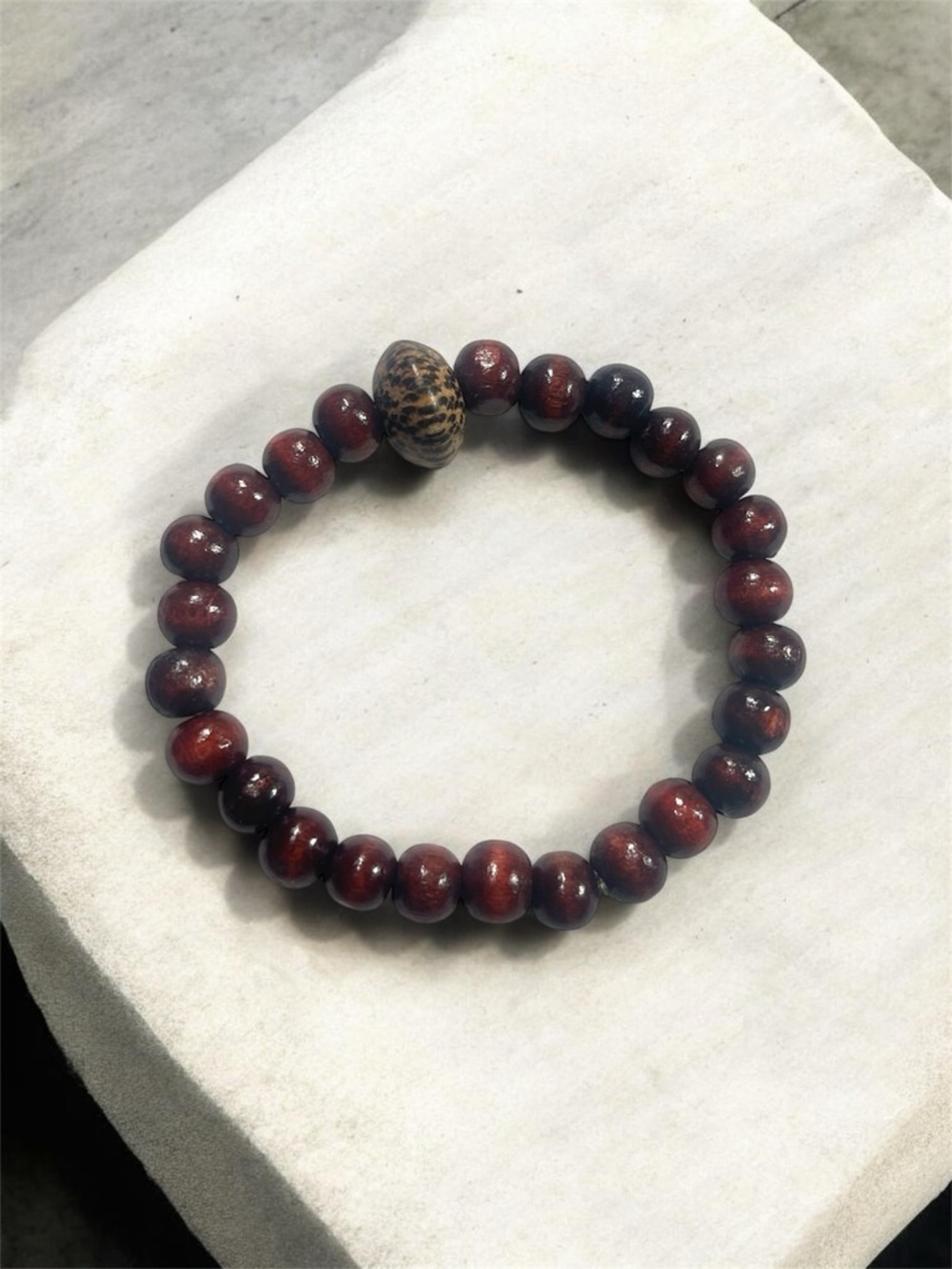 Wood Bead Stretch Bracelet with Accent Bead - Rich Brown